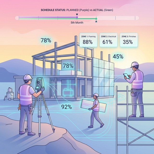 Construction site with workers naturally working while transparent overlay shows real-time progress percentages, schedule timelines, and zone completion data flowing to floating dashboards