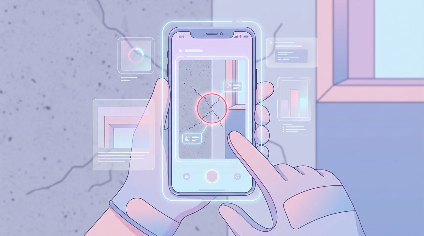 Diagram showing AI agent quality workflow: worker takes photo, AI analyses and flags defect, notification sent to supervisor, defect logged with timestamp into structured QA database