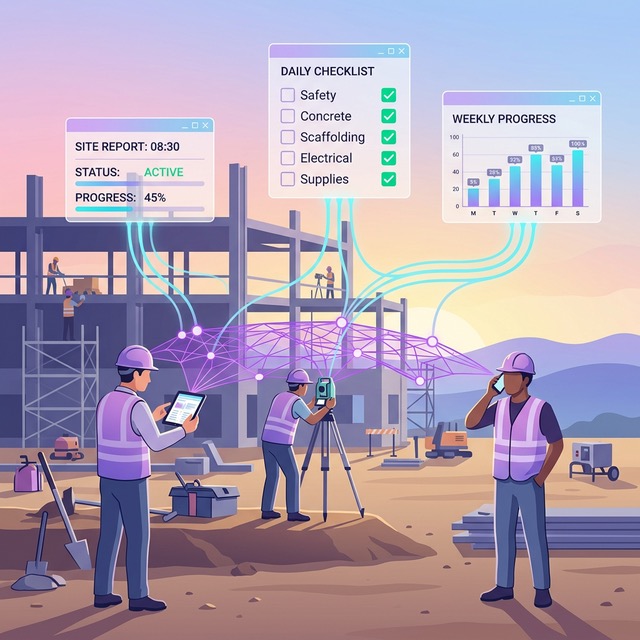 Construction site vector illustration showing AI agents working autonomously in the background, processing data from workers' devices into structured dashboards