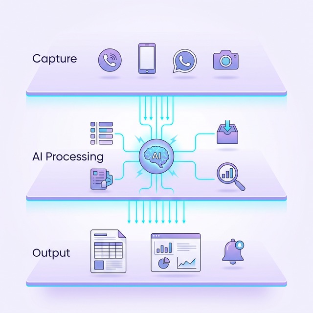 Diagram showing the three layers of agentic AI: capture layer with phones and messaging apps, processing layer with AI models, and output layer with structured reports and dashboards