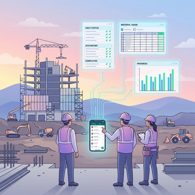 Construction workers sending WhatsApp messages on site with data streams flowing into floating dashboards showing structured logs and compliance records