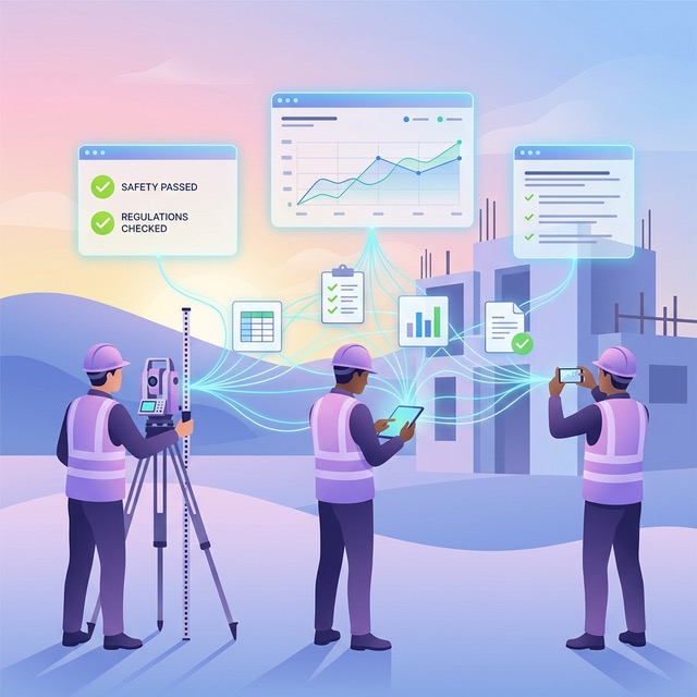 Construction team on site naturally using phones while AI-powered data flows connect to organized dashboards and reports in the background, calm morning light with purple-blue gradient sky