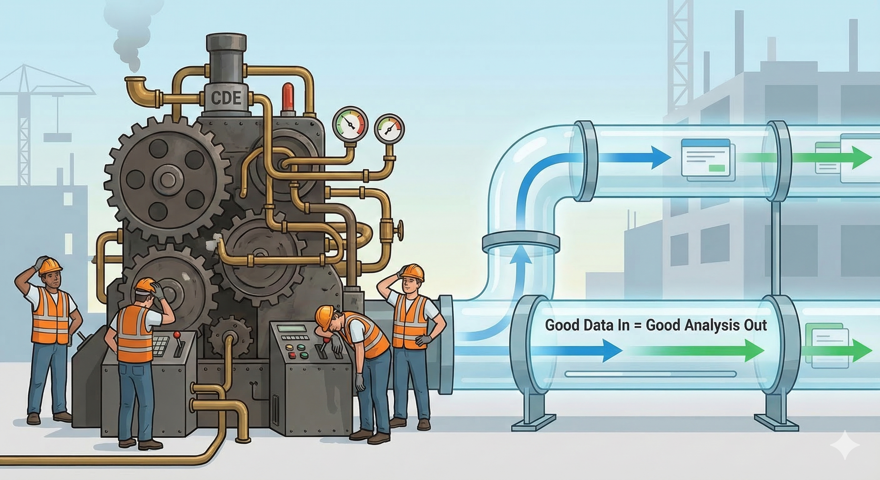 Illustration of a common data environment with tangled pipes showing data going in but not coming out usefully